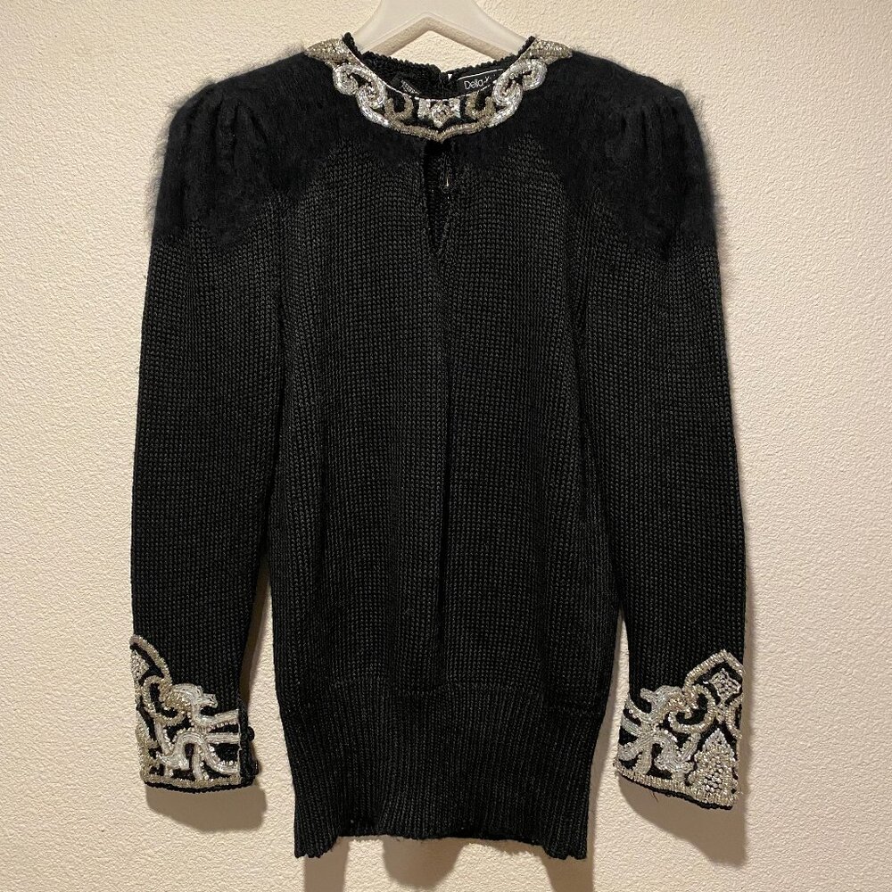 Vintage Della Knit Black Sweater Beaded Cuffs Collar Angora Wool Blend